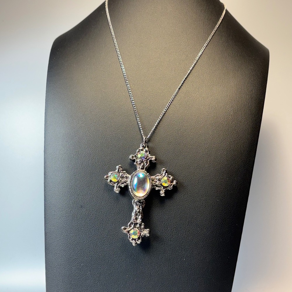Cross Necklace Ornate Iridescent Stone Goth Whimsygoth Statement Vintage Y2K